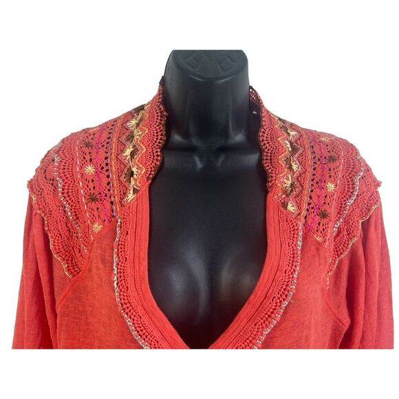 FREE‎ PEOPLE Siesta Fiesta Embroidered Boho Top oversized S/P coral red - Picture 5 of 6